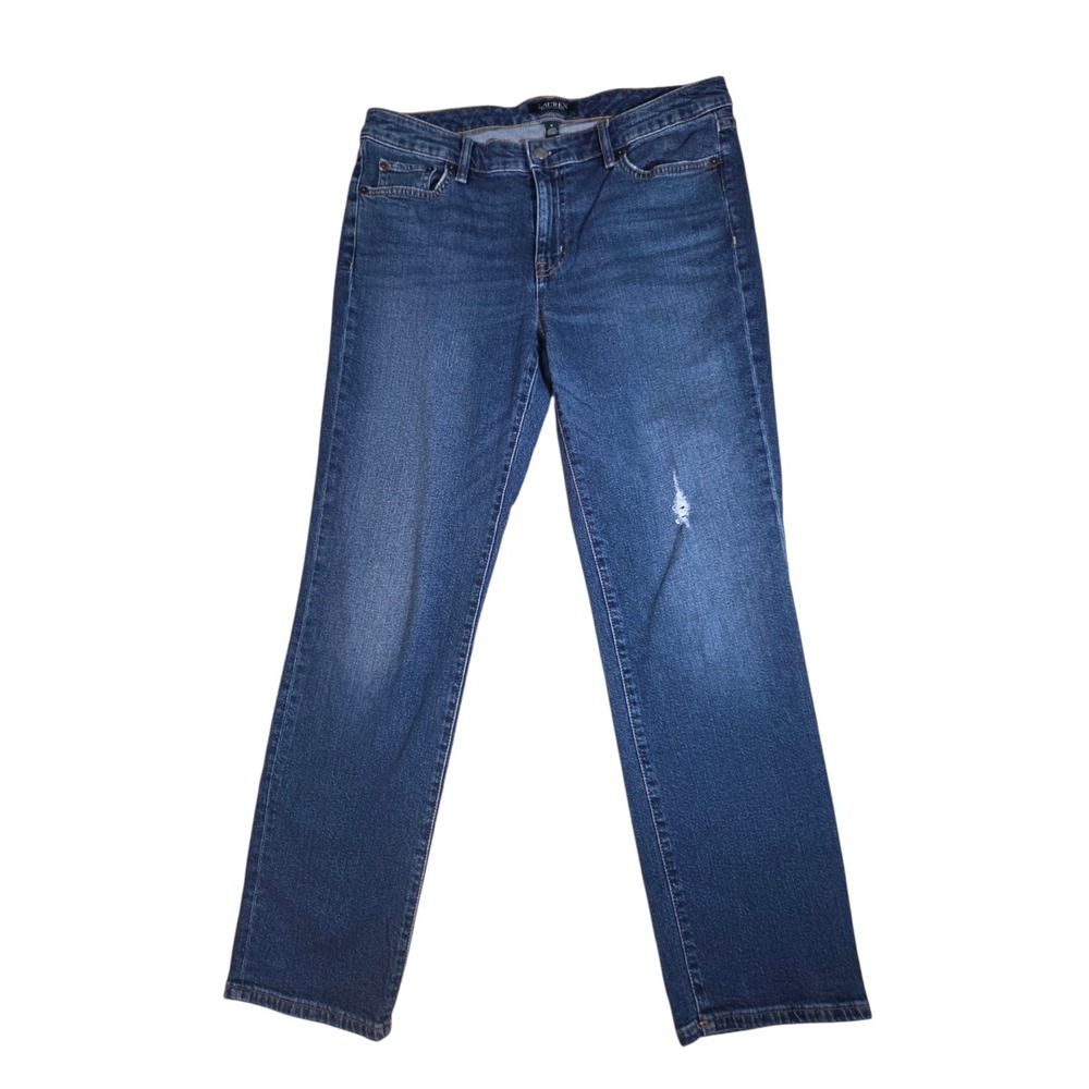 Lauren Ralph Lauren Mid Rise Straight Distressed Jeans Medium Wash 8 Inseam 27"
